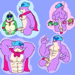 bara brawl_stars butt_grab buzz_(brawl_stars) cum_on_upper_body dinosaur doug_(brawl_stars) male male_only mimi_tanuki muscular_male penis pierce_(brawl_stars) slightly_chubby small_penis toony