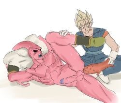 2boys anal anal_object_insertion ass black_sclera blonde_hair colored_sclera colored_skin dragon_ball earrings erection jewelry linisthename looking_at_another majin_buu male_focus multiple_boys muscular object_insertion open_mouth pectorals pink_skin potara_earrings red_eyes sex_toy smile super_buu testicles vegito yaoi