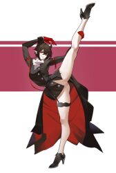 absurdres arknights arms_up ascot black_coat black_hair black_shoes bottomless breasts censored coat coattails commentary_request entelechia_(arknights) female full_body gloves high_heels highres leg_up looking_at_viewer medium_breasts mosaic_censoring parted_lips playerz pointy_ears pussy red_background red_eyes red_gloves shoes short_hair smile solo split standing standing_on_one_leg standing_split thigh_strap two-tone_background white_ascot white_background