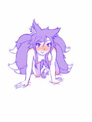 blue_eyes blush collar fox_ears fox_girl fox_tail heart-shaped_pupils multiple_tails mura_(woops) purple_hair small_breasts vrchat woops