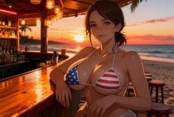 1girls ai_generated american american_female american_flag_bikini bar beach big_breasts bikini breasts brown_hair drinks female female_focus large_breasts looking_at_viewer purple_eyes sitting sitting_on_chair solo solo_female solo_focus sunset underboob