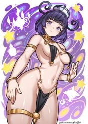 1girls ancient_egyptian ancient_egyptian_clothes armlet bare_shoulders black_hair blunt_bangs bracelet breast_curtains breasts chandela chandelure closed_mouth colored_inner_hair commentary_request female game_freak gwynn_(pokemon) hair_between_eyes hairband hat highres hitomoshi jewelry lampent lampler leaf litwick loincloth long_hair looking_at_viewer medium_breasts medium_hair mixed-language_commentary muku_(pokemon) multicolored_hair navel nintendo parted_lips pelvic_curtain pokemon pokemon_legends:_z-a purple_eyes purple_hair redjet shiny_skin short_hair solo standing stomach thighlet thighs