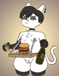 armwear black_armwear black_eyes black_hair black_stockings bottle breasts breasts_exposed burger cat_ears cat_girl cat_tail catgirl choker ear_piercing eyeshadow female female_only food front_view furry furry_female furry_only glass goth goth_girl holding_bottle holding_glass nina_(vr457) nipples nipples_piercing original_character pierced_ears pierced_nipples piercing pussy pussy_exposed rolling_eyes serving_drink short_hair shortstack simple_background small_breasts solo solo_female standing stockings thick_thighs vr457 white_fur yellow_sclera