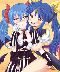 2girls blue_hair blush chains clothing demon_girl demon_horns demon_tail demon_wings female kissing open_mouth original pointy_ears ruruie_(shinrabanshou) seryuu shinrabanshou tail tongue tongue_out twintails unholysoul wings yuri