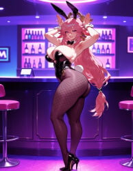 1girl bunnysuit clothing female animal_ears yae_miko yae_miko_(genshin_impact) pink_hair breasts pantyhose long_hair playboy_bunny rabbit_ears shoes armpits black_leotard high_heels purple_eyes solo ass bar_(place) thighs rabbit_pose rabbit_tail looking_at_viewer animal_tail fishnet_pantyhose thick_thighs leotard fishnets legwear bunny_tail large_breasts tail smile fake_animal_ears genshin_impact arms_up footwear stool detached_collar wrist_cuffs fishnet_legwear full_body hair_ornament grin earrings black_bowtie low-tied_long_hair very_long_hair bowtie indoors bare_shoulders bow black_bow black_footwear twisted_torso fake_tail standing highleg_leotard bar_stool jewelry blush curvy hair_between_eyes fox_ears highleg from_side strapless_leotard huge_ass legs alternate_costume kneepits bottle white_wrist_cuffs cleavage counter lips skindentation side-tie_leotard strapless parted_lips blurry_background seductive_smile inviting inviting_to_sex seductive seductive_look presenting presenting_hindquarters presenting_ass presenting_self presenting_breasts 1girls ai_generated voluptuous_female voluptuous curvaceous curvaceous_figure curvaceous_female curvy_figure female_focus balecxi mihoyo hoyoverse