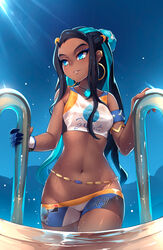 1girls abs alternate_breast_size blue_eyes blue_eyeshadow blue_hair breasts brunette cleavage clothed dark-skinned_female dark_blue_hair dark_skin egirl eyelashes eyeshadow female female_only gym_leader hourglass_figure human kerasu lipstick long_hair medium_breasts midriff multicolored_hair navel nessa_(pokemon) nintendo pokemon pokemon_ss pool ricegnat shirt shorts skinny slim smile solo teenager two_tone_hair viewed_from_below water wet wet_clothes wide_hips