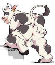 2019 anthro anus ass backsack balls bigmaster bovid bovine cattle cloven_hooves ear_piercing haps hi_res hooves horn looking_back male male_only mammal moomoo nude perineum piercing rear_view simple_background solo spread_anus spread_butt spreading white_background