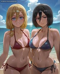2girls ai_generated attack_on_titan bangs bare_shoulders beach bikini black_bikini black_hair blonde_hair blue_bikini blue_eyes blue_sky breasts christa_lenz cleavage cloud collarbone dandanhub day female female_only grin hair_between_eyes halterneck historia_reiss large_breasts looking_at_viewer medium_breasts mikasa_ackerman multiple_girls navel ocean outdoors red_bikini shingeki_no_kyojin short_hair side-tie_bikini_bottom sky smile stomach string_bikini swimsuit wet