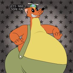 2d 2d_(artwork) 5_fingers absurd_res absurd_resolution absurdres anthro background belly big_belly black_eyes black_nose clothing creepy creepy_smile digital_drawing_(artwork) digital_media eyebrows fanart fat fat_male fingers fur furry hands hands-free hat headgear headwear hi_res highres huge_belly hyper_belly looking looking_at_viewer male male_only mustelid musteline orange_fur overalls pattern propeller_hat sharp_teeth smile smile_at_viewer star_(symbol) stars symbol-only_commentary teeth teeth_clenched teeth_showing text text_bubble text_focus true_musteline tummy tummy_bulge weasel whiskers white_pupils willy_the_weasel willys_wonderland wolfox90210