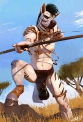 1boy 2d accessory aiming_weapon animal_genitalia animal_penis anthro anthro_only arrow_(projectile) artist_name balls bottomwear bow_(weapon) bow_and_arrow clothed clothing cock_ring color digital_media_(artwork) drawing_bow ear_piercing ear_ring equid equine equine_genitalia equine_penis fingers flaccid full_color fur genitals grass hair hi_res holding_arrow holding_bow_(weapon) holding_object holding_ranged_weapon holding_weapon hooves ineffective_clothing ineffective_loincloth jewelry loincloth loincloth_only looking_at_viewer male male_only mammal navel nipple_piercing nipple_ring nipples original outside penis penis_accessory penis_jewelry piercing plant public_topless ranged_weapon ring_piercing sidekick sky solo standing tail testicles topless topless_anthro topless_male translucent translucent_clothing translucent_loincloth tree tribal weapon zebra zebra_boy zebra_ears zebra_humanoid zebra_print zebra_stripes zebra_tail