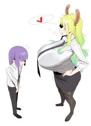 1girls age_difference big_breasts blonde_hair blush breasts closed_eyes green_hair heart hiding_erection high_heels horns huge_breasts long_hair lucoa miss_kobayashi's_dragon_maid office_lady older_female older_female_and_younger_male pencil_skirt quetzalcoatl_(dragon_maid) quetzalcoatl_(maidragon) shirt skirt tagme younger_male ysz