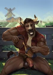 alcohol anthro balls beer beverage bottomwear bovid bovine cattle clothing container cup digital_media_(artwork) equid equine farm flaccid foreskin fur genitals grass hair hi_res holding_container holding_cup holding_mug holding_object horn humanoid_genitalia humanoid_penis keg loincloth male male_anthro mammal mug muscular muscular_anthro muscular_male outside outside_exposure partially_retracted_foreskin pecs penis plant satanic_monkey sky spread_legs spreading tail teeth topwear windmill