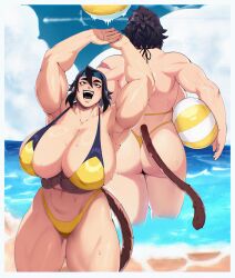 abs aspara_(swagkashi) ass beach beach_ball big_ass big_breasts bikini black_hair breasts dragon_ball dragon_ball_oc monkey_tail muscular muscular_female original_character saiyan saiyan_female solo swagkashi thick_thighs