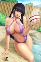 1girls arm_support armlet bangle bangs big_breasts blue_hair blunt_bangs breasts cleavage cosplay earrings female female_only gold high_collar hime_cut hoop_earrings hyuuga_hinata iury_padilha jewelry large_breasts long_hair looking_at_viewer milf naruto naruto:_the_last navel onsen outdoors pinup sidelocks smile solo steam swimsuit vampirella_(cosplay) water