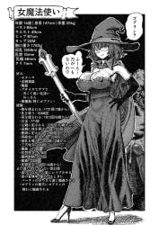 breasts cape character_profile cleavage commentary_request elbow_gloves fukumei gloves goblin_slayer goblin_slayer! hand_on_own_hip hat high_heels highres large_breasts measurements reference_sheet revealing_clothes sounding text_focus three_sizes urethral_insertion witch_hat wizard_(goblin_slayer!) wizard_(goblin_slayer)
