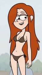 ai_art ai_generated artist_request bikini black_bikini black_eyes disney disney_channel disney_xd earrings female female_only freckles gravity_falls medium_breasts open_mouth orange_hair red_hair sexy string_bikini string_bikini_bottom wendy_corduroy
