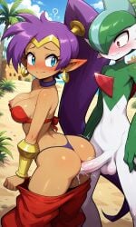 1girls belly_button breasts blue_eyes choker cleavage clothed earrings female hip_vent long_ears long_hair navel ponytail purple_hair really_long_hair red_clothing shantae shantae_(character) thick_thighs thighs wide_hips harem_pants elf_ears genie_girl pokemon crossover gallade ai_generated harem_outfit pokemon_(species) pokephilia pants_pulled_down doggy_style standing_sex penetration