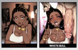 1boy after_fellatio after_sex ai_generated big_breasts black_hair bleached blush brat brown_eyes bull cheating cheating_girlfriend choker cuckold cuckolding cum cum_in_mouth cum_on_breasts cum_on_face dark-skinned_female dark_skin dreadlocks female hair_pulling heavy_breathing huge_breasts huge_cock instant_loss_2koma interracial interracial_sex jewelry long_hair looking_at_viewer muscular_male netorare oc open_mouth original_character partial_male plump_lips queen_of_hearts saliva saliva_on_penis sweat theme_clothing v