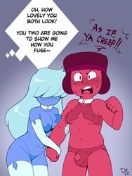 1futa 1girls angry bikini bikini_top blue_skin blush casual clothing collar dezz dialogue elbow_gloves embarrassed female forced futanari hair_over_eyes hand_holding holding_hands hourglass_figure imminent_sex intersex long_hair mostly_nude partially_clothed red_skin ruby_(steven_universe) sapphire_(steven_universe) short_hair steven_universe stockings thong watching