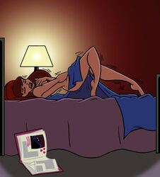 1girls barbara_gordon batman:_the_animated_series batman_(series) bed book dc_comics dcau dreaming female female_only masturbating masturbation nude on_bed red_hair sleeping solo the_new_batman_adventures tuxedaaron