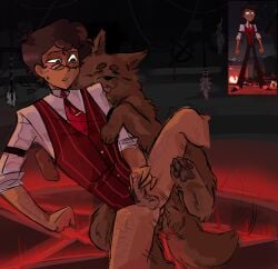 alastor alastor_(hazbin_hotel) bred breed breeding brown_eyes canine curly_brown_hair cute dog_dick furry furry_porn glasses hard_cock hazbin_hotel hot human_alastor human_alastor_(hazbin_hotel) knotting masochism masochist masochistic masturbating masturbation nervous paw paws ritual scar scars self-harm_scars suit zoophile zoophilia