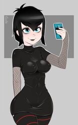 black_hair blue_eyes breasts chronicsoda clothed dress erect_nipples eyeshadow female fishnet fishnet_gloves hotel_transylvania lipstick makeup mavis_dracula pale_skin rope_harness selfie short_hair skin_tight solo thighhighs vampire