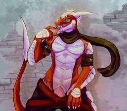 2019 anthro bottomwear claws clothed clothing dragon drake_(disambiguation) evyr fotonodactil hair horn male male_only open_mouth pants pecs penis public reptile scalie scarf sharp_claws sharp_teeth smile solo teeth tongue topless