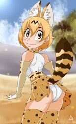 1girls arm_gloves ass ass_focus back_view beautiful beautiful_body beautiful_female beautiful_girl beautiful_woman beauty blonde_hair bowtie breast cute cute_female cute_girl dalley_le_alpha exposed_ass eyes_open female fluffy fluffy_ears fluffy_tail gloves heavenly_body kemono_friends kemonomimi legwear looking_at_viewer looking_back open_eyes outdoors panties savanna serval_(kemono_friends) sexy sexy_body sexy_female sexy_girl sexy_woman short skirt smiling solo tail yellow_eyes young young_adult young_girl young_woman younger_female