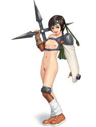 armor breasts brown_eyes brown_footwear brown_hair commentary female final_fantasy final_fantasy_vii fingerless_gloves fishnets gloves headband highres huge_weapon irotsuya leg_warmers materia nude open_mouth pubic_hair pussy shoes short_hair shuriken simple_background small_breasts smile sneakers solo weapon yuffie_kisaragi