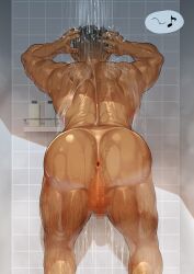 1boy ass ass_focus asshole back_view bara bent_over big_ass gorou_naoki hairy_anus hairy_armpits heavily_censored male_only ohutongoro presenting_anus shower showering solo_male tagme tan_body tanline wet