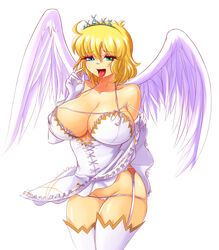 ahoge angel_wings bare_shoulders blonde_hair blue_eyes breasts cleavage dress evildei female green_eyes heterochromia large_breasts lowleg lowleg_panties panties ryouna_(senran_kagura) senran_kagura senran_kagura_(series) senran_kagura_shinovi_versus short_hair smile solo standing thighhighs tiara tongue tongue_out underwear white_legwear white_panties white_wings wings