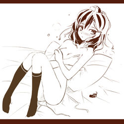 bed footwear hat letterboxed lying monochrome nude shameimaru_aya socks solo takaharu touhou