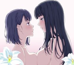 2girls bangs big_breasts black_hair blunt_bangs blush breast_press breasts couple eye_contact eyebrows_visible_through_hair face-to-face female female_only flower from_side gradient gradient_background grey_eyes half-closed_eyes hi_res highres human human_only kakitama large_breasts lips long_hair looking_at_another medium_hair multiple_females multiple_girls mutual_yuri neck nude open_mouth original purple_eyes purple_hair romantic short_hair symmetrical_docking upper_body white_flower yuri