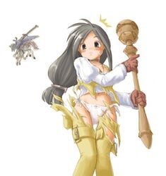 black_hair blush clothes embarrassed exposed exposed_panties female final_fantasy final_fantasy_ix garnet_til_alexandros_xvii horse human kasuga_yukihito long_hair low-tied_long_hair odin odin_(final_fantasy) panties staff sword tearing_clothes torn_clothes torn_pants underwear weapon white_background