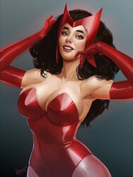 april_(artist) armpits black_hair blue_eyes breasts cleavage elbow_gloves female gloves headgear large_breasts leotard long_hair marvel pantyhose scarlet_witch smile solo wanda_maximoff