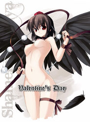 1girls arched_back black_feathers black_wings breasts breasts_apart censored female hat nude perky_breasts red_eyes ribbon seo_tatsuya shameimaru_aya solo standing thigh_gap tokin_hat touhou valentine wide_hips wings