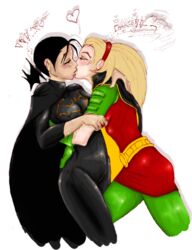 2girls artist_request asian batgirl batgirl_(cassandra_cain) batman_(series) black_hair blonde_hair cassandra_cain dark_hair dc dc_comics female female_only hairband interracial kissing long_hair multiple_girls robin_(dc) robin_(stephanie_brown) stephanie_brown white_background yuri