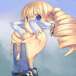 1girls archer_(disgaea) blonde_hair blue_eyes blunt_bangs bridal_gauntlets disgaea female flat_chest hands_behind_head pointy_ears ringlets solo twintails