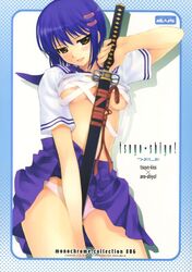 bandage blue_hair breasts hair_ornament hairclip highres katana kurogane_otome mikazuki_akira otome_kurogane panties sarashi school_uniform serafuku smile sword tsuyokiss underwear weapon