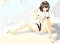 barefoot feet hat hokamichi see-through shameimaru_aya sitting solo spread_legs tamichi touhou