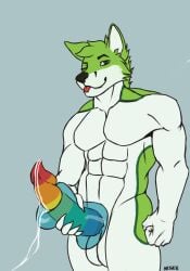 animated anthro balls black_nose bodily_fluids bottomless canid canine clothed clothing cum cum_on_penis cum_on_toy digital_media_(artwork) ejaculation erection fidget_the_fox fingers fox fur furry furry_only genital_fluids genitals gif green_body green_eyes green_fur hair jerking_off_hand_motion looking_at_viewer loop male male_only mammal masturbation mrtwen multicolored_penis muscular muscular_male nude one_eye_closed penetrable_sex_toy penetration penis rainbow_penis sex sex_toy signature simple_background smile solo solo_male text tongue tongue_out white_body white_fur wink