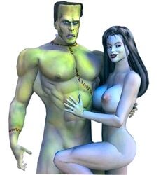 1boy 1girls 3d abs big_breasts breasts crossover female first_porn_of_franchise frankenstein frankenstein's_monster herman_munster large_breasts lily_munster male nipples nude nude_female nude_male public_domain the_munsters white_background