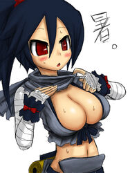 1girls anime_eyes blush breasts cleavage dark_blue_hair disgaea eyebrows_visible_through_hair kakuretenai kunoichi_(disgaea) medium_breasts ninja nippon_ichi_software red_eyes scarf solo sweatdrop tagme white_background wrapped_arms wristband