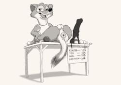 absurd_res anal_beads anus ball_gag balls black_and_white bottomless clothed clothing dildo disney duke_weaselton gag hi_res long-tailed_weasel lube magzol male male_only mammal monochrome mustela mustelid musteline outside penis presenting prostitution public sex_toy solo table zootopia