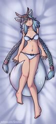 1girls animal_ears animal_tail blue_eyes bra breasts dakimakura female female_only fox_ears fox_girl fox_tail io_(paladins) kimirasu looking_at_viewer medium_breasts paladins panties solo swimsuit tail