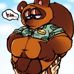 1:1 2019 animal_crossing anthro big_testicles bottomwear brown_fur canid canine flaccid fur furry highres humanoid_hands humanoid_penis male male_only mammal nintendo open_shirt overweight overweight_male penis raccoon_dog shirt shorts solo tanuki testicles tom_nook topwear unclecucky