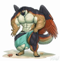 abs anthro avian balls biceps big_balls claws clothed clothing feathered_wings feathers gryphon hi_res huge_balls hyper hyper_balls hyper_muscles hyper_penis male male_only muscular muscular_male open_mouth pecs penis sand simple_background solo standing thick_thighs white_background wings yiyani