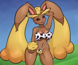 1girls 2019 4_fingers absurd_res anthro anthrofied arm_up armpits belly big_breasts big_ears bikini black_sclera blue_background blush breasts brown_fur cleavage clothed clothing day deviantart eye_contact eyelashes female female_only fur furry grass hi_res huge_breasts hyper hyper_ears large_breasts lingerie lips long_ears looking_at_viewer lopunny midriff navel nintendo open_mouth open_smile original_character outdoors pink_eyes pokémon_(species) pokemon pokemon_(species) pokemon_dppt pokemorph pubic_hair shadowboxer sideboob sky sling_bikini smile solo standing swimwear teeth thick_thighs thigh_gap underboob video_games white_bikini wide_hips