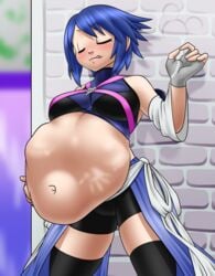 aesir ambiguous_prey aqua_(kingdom_hearts) belly belly_bulge belly_expansion big_belly blue_hair blush blushing breasts closed_eyes disney female female_focus female_pred fingerless_gloves gloves kingdom_hearts kingdom_hearts_birth_by_sleep large_breasts licking_lips same_size_vore short_hair short_shorts shorts square_enix struggling thighhighs vore