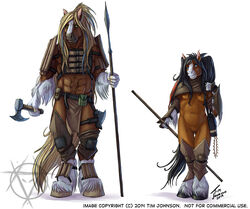 2014 5_fingers abs anthro armor axe biped black_hair black_hooves black_tail blonde_hair blue_eyes breasts brown_fur clothed clothing duo equid equine female front_view fur greaves green_eyes grey_hooves hair hatchet holding_object holding_weapon hooves horse larger_anthro larger_male leather leather_armor loincloth long_hair long_tail looking_at_viewer male mammal melee_weapon multicolored_fur muscular muscular_male navel pauldron polearm pussy satchel signature simple_background size_difference smaller_anthro smaller_female spear standing stasis_delirium tattoo two_tone_fur vambraces watermark weapon white_background white_fur yellow_tail